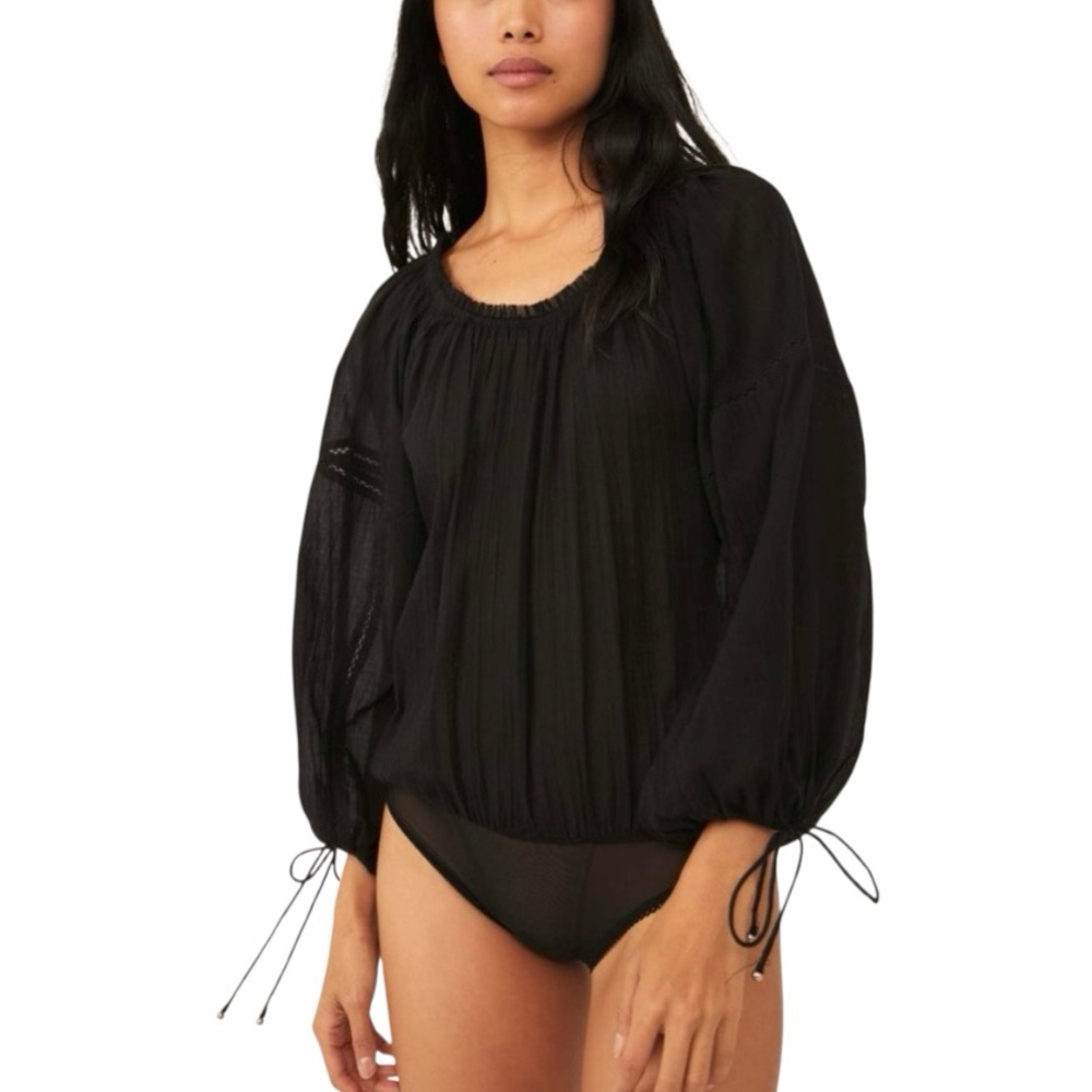 Free People Sundown Balloon Sleeve Black Bodysuit Women’s Top Blouse Size XS